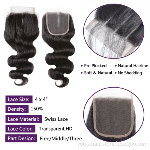 12A Brazilian Human Hair Body Wave HD Lace Closure with 3 Hair Bundles Virgin Hair Extension with Transparent HD Lace Frontal